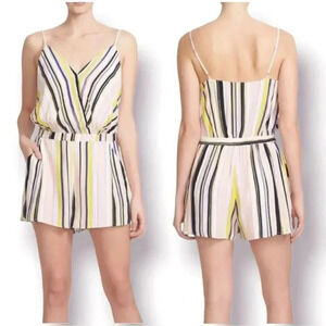 1 State Women's Medium Striped Spaghetti Strap Shorts Romper Pockets Pink Yellow